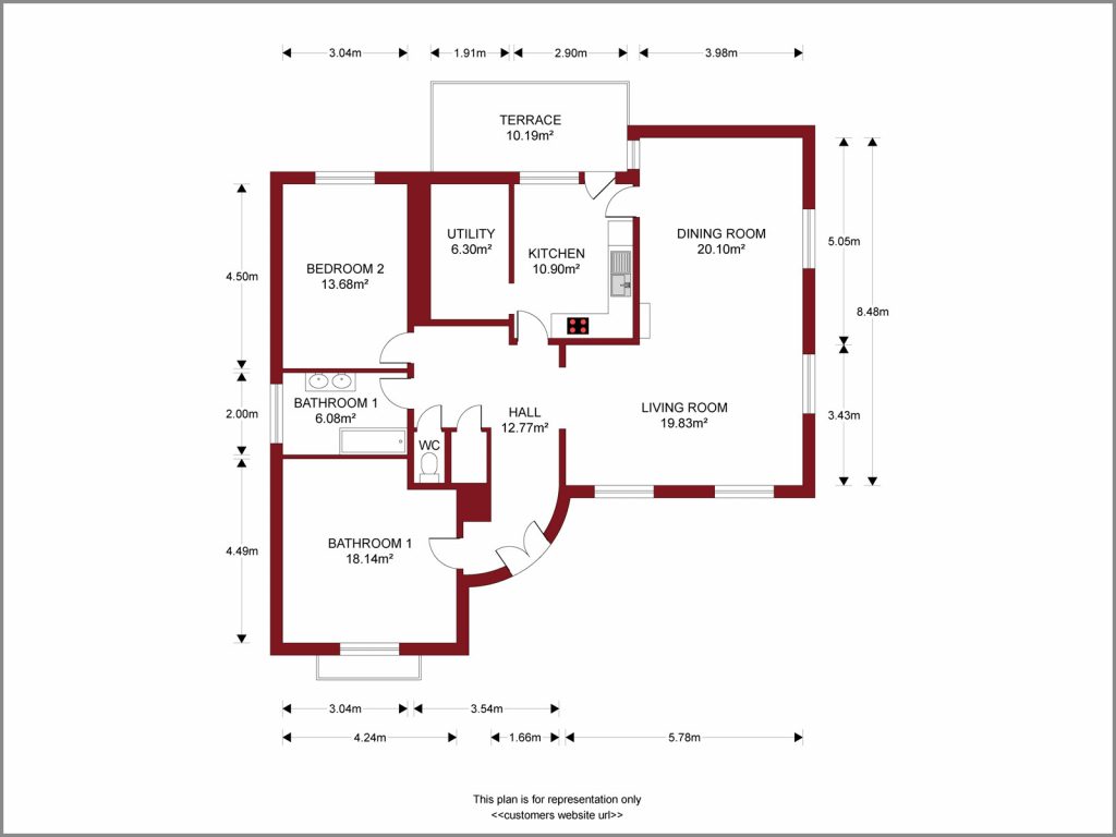 Real Estate Floorplan for 2 BHK - 1
